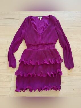 Milly Vibrant Magenta Ruffle Tiered Long-Sleeve Dress